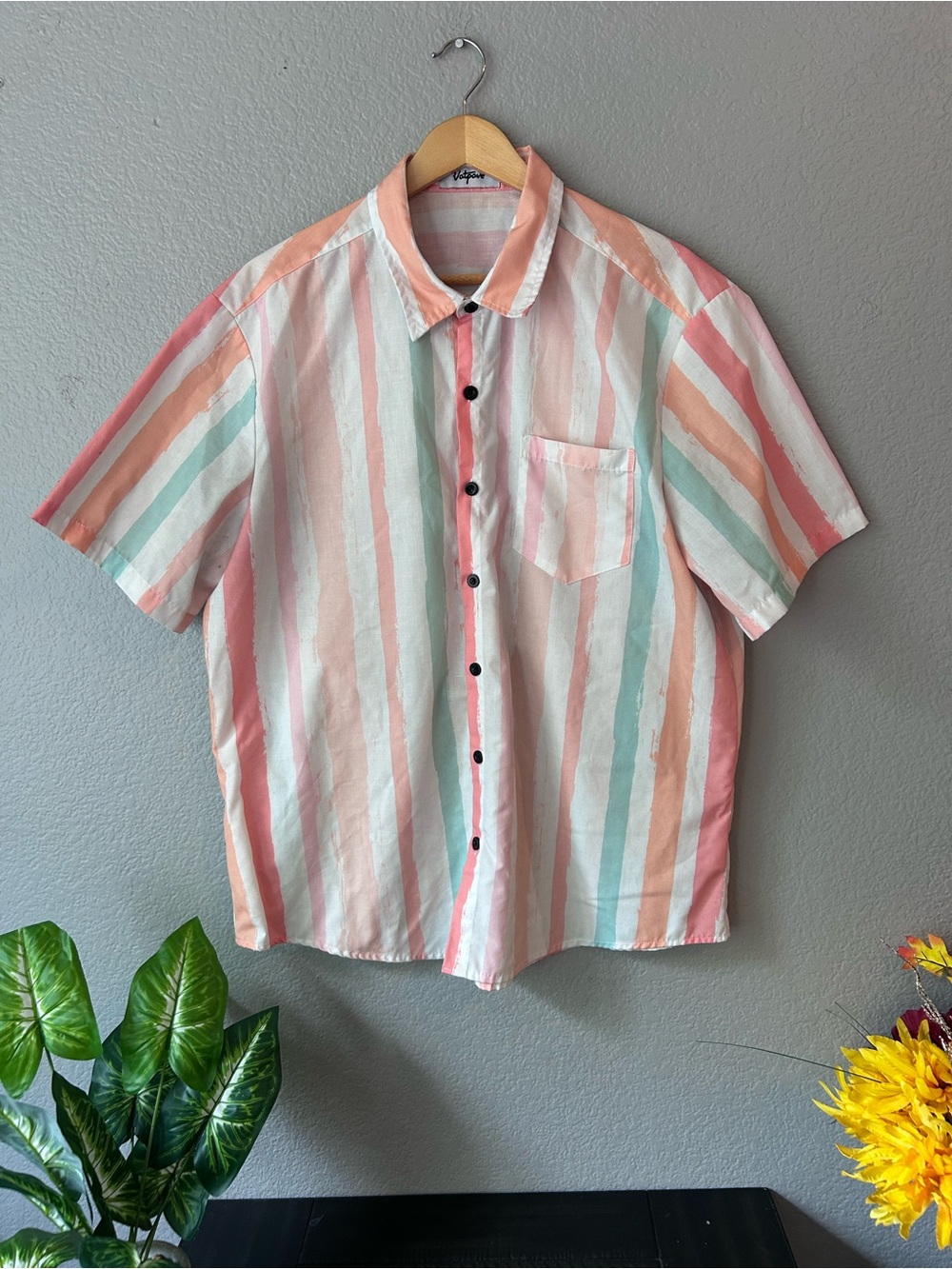 Short-Sleeve Pastel Stripe Button-Down Shirt - Pink/Peach/Green